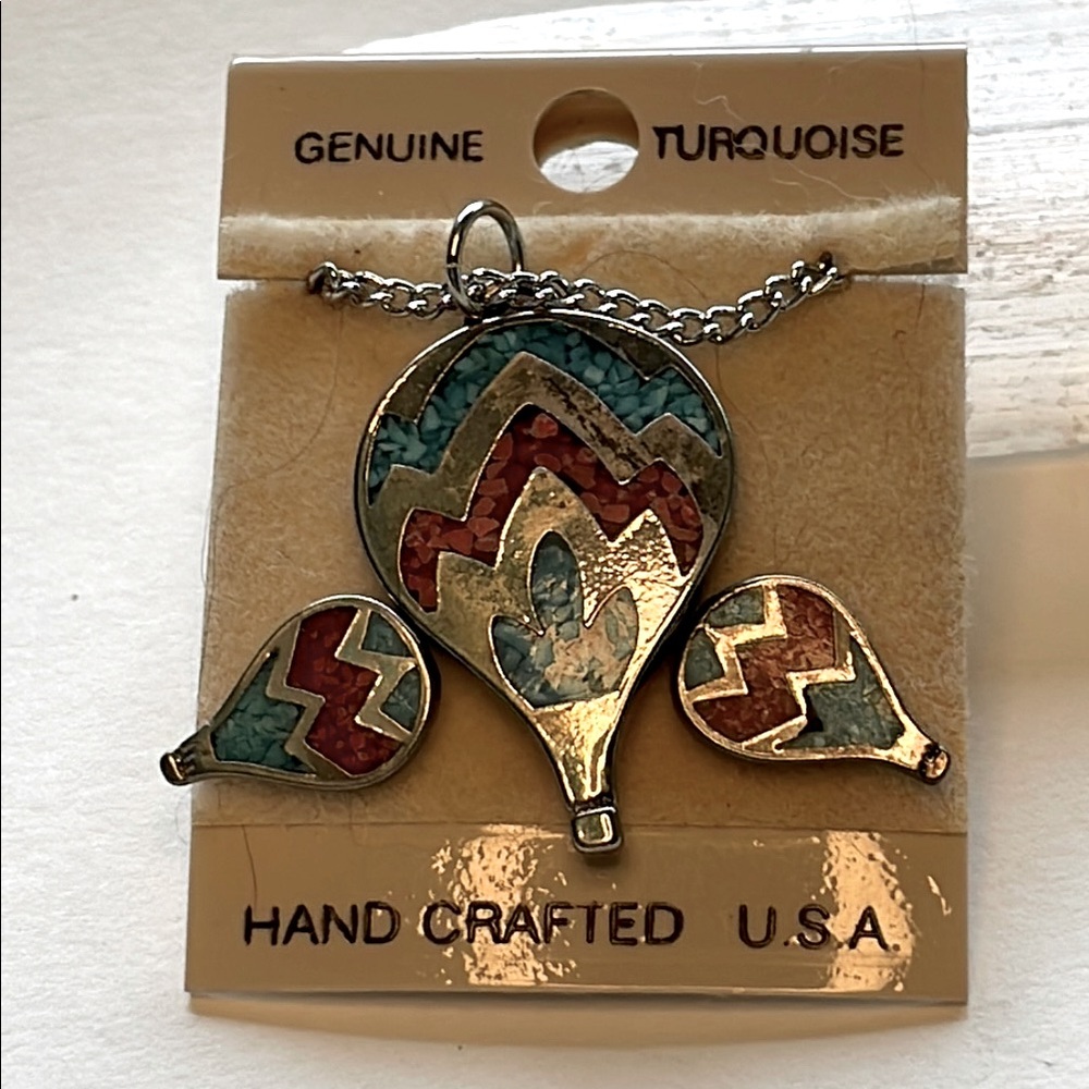Vintage Hand Crafted USA Hot Air Balloon Pendent & Pierced Earrings Turquoise
